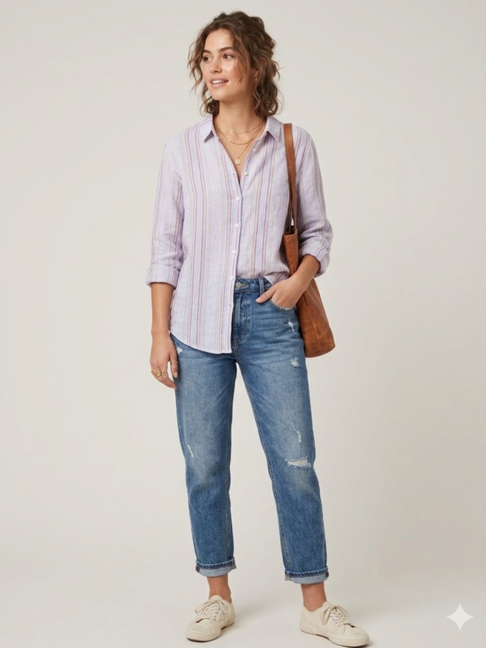 CP Shades Roma Linen Oversized Striped Button-Up Shirt USA Lavender Multi SZ XL